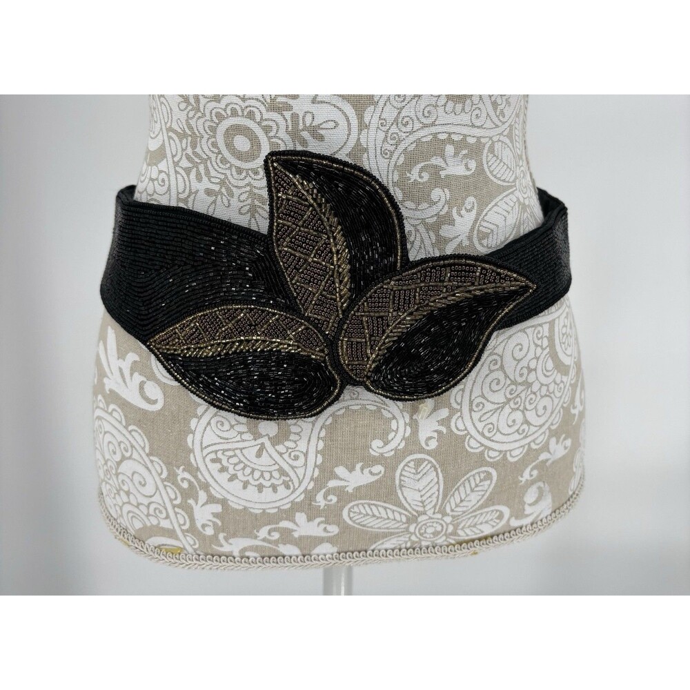Vintage Magid Beaded Belt Black Gold Leaf Art Deco NWOT Made Macau 35.5” Long
